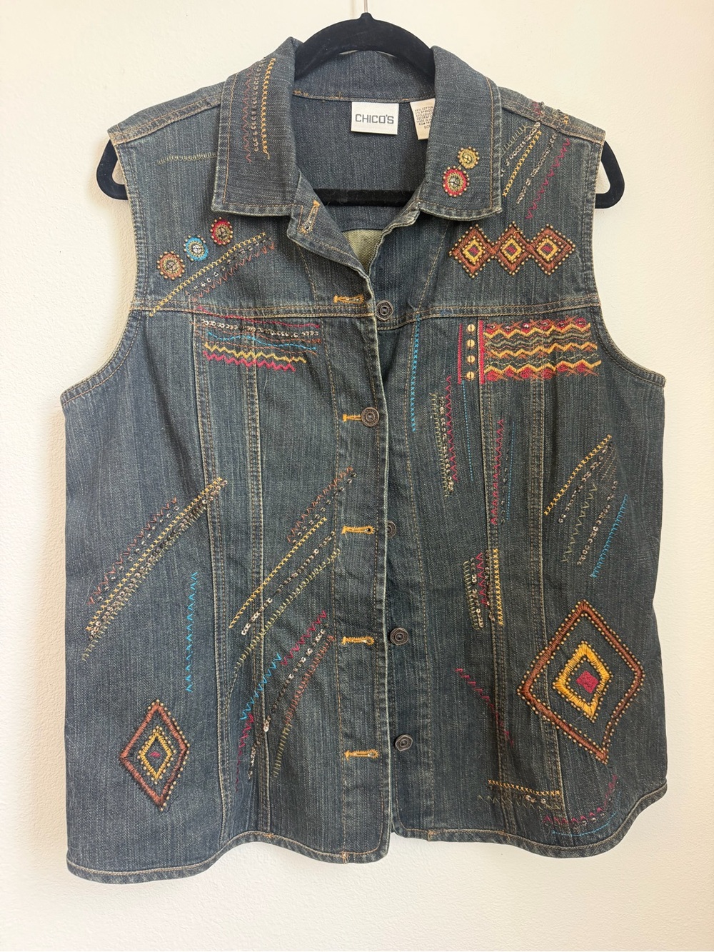 Chico's Dark Denim Embroidered Button-Down Vest